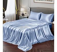 Vonty Parure de lit en Satin Doux et Soyeux, avec 1 Drap-Housse à Bonnet Profond + 1 Drap Plat + 2 taies d’Oreiller, Bleu Pastel, pour lit King-Size