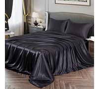 Vonty Parure de lit en Satin Doux et Soyeux pour Grand lit, Noir, 1 Drap-Housse à Poche Profonde, Drap Plat, 2 taies d'oreiller
