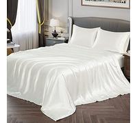 Vonty Parure de lit en Satin Doux et Soyeux pour lit Double, Blanc Ivoire, 1 Drap-Housse à Poche Profonde + 1 Drap Plat + 2 taies d'oreiller