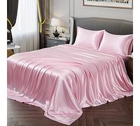 Vonty Parure de lit en Satin Doux et Soyeux pour lit jumeau, Rose, 1 Drap-Housse à Poche Profonde + 1 Drap Plat + 1 taie d'oreiller