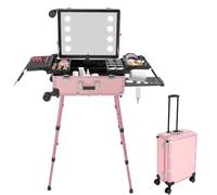 VonVVer Valise cosmétique à roulettes, à roulettes, à 8 éclairages, rose, grande, avec miroir, hauteur de jambes réglable, pour coiffeur, Rose, Grande mallette cosmétique avec miroir