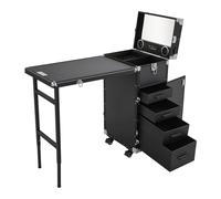 VonVVer Valise cosmétique à roulettes avec table et miroir, station de maquillage mobile avec 4 tiroirs et haut-parleur Bluetooth, grande valise de coiffeur avec roulettes pour les artistes de