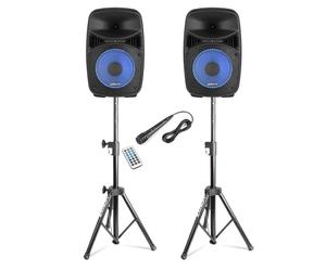 VONYX - Ensemble d'Enceintes LED, 8 Pouces, 400 Watts, Bluetooth, avec Supports Trépieds Réglables, Télécommande, Microphone Filaire, Idéal pour Vos soirées et évènements