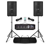 VONYX Pack Sono Complet Max Music/Power Dynamics 2 Enceintes 8″ 800 W + Mixer-Ampli 4 Canaux + Pieds & Câbles - Système Audio Pro pour DJ, Groupe, Bar, Répétition