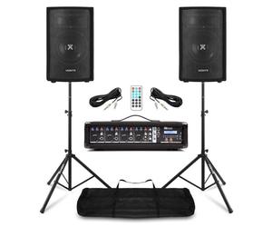 VONYX Pack Sono Complet Max Music/Power Dynamics 2 Enceintes 8″ 800 W + Mixer-Ampli 4 Canaux + Pieds & Câbles - Système Audio Pro pour DJ, Groupe, Bar, Répétition