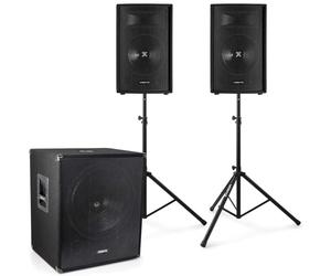 VONYX Set Complet 2.1-2X Enceintes 12" avec Caisson de Basse Bi-Amplifié, Pieds d'Enceinte et Câble Inclus, Puissance 1600W, Idéal pour DJ Mobiles