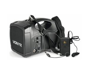 Vonyx ST012 Amplificateur de Voix Portable, Micro-Casque et Cravate, 30 Watts RMS, Entrée et Sortie Jack, Port USB, Bandoulière de Transport, Batterie Rechargeable, Idéal pour Conférences ou Visites