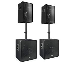 VONYX Super Bass - Puissance de 1700W, 2 Enceintes 10" avec Poignées, 2 Caissons de Basse 15" avec Barre de Fixation