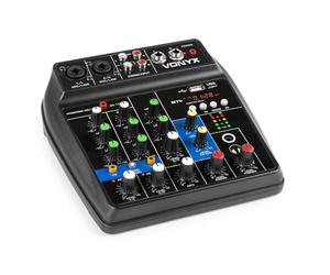 Vonyx VMM100 Table de Mixage DJ 4 Canaux - Avec Récepteur Bluetooth, Affichage LED, Lecteur USB, Entrées Micros, Sortie Casque et RCA, Alimentation Fantôme 48V, Idéal pour Animer vos Soirées
