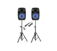 Vonyx VPS082A - Set d'Enceintes LED 8" 400 Watts BT/USB/SD avec Supports Trépieds, Télécommande, et Micro