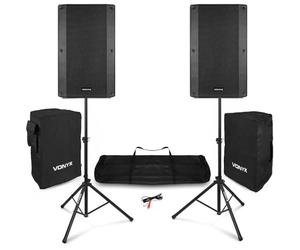 VONYX VSA150S Pack Sono Complet - Ensemble d'Enceintes Actives 15", 1000W avec Supports Trépieds Réglables, Housses de Transport, Câble Audio RCA, Idéal pour DJ, Musiciens ou animateurs