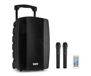 Vonyx VSP200 Enceinte Sono Portable 200 Watts, Enceinte Active Bi-Amplifiée, 2 Micros sans Fil, Poignées et roulettes de Transport, Idéale pour Vos Événements Pro, Karaoké, Fêtes en Extérieur