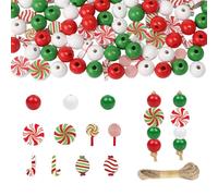 Vookkp 200 Pièces Perle en Bois de Noël 20mm Rondes avec Corde de Chanvre pour Decoration Noel Décoration de Fête et Guirlande Cadeau Noel Motif de Bonbons