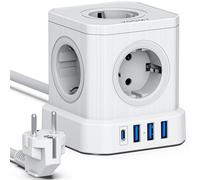 VOOMY Cube Multiprise Prise 9-en-1, 4000 W, avec 5 Prises, 3 USB-A et 1-USB-C, Protection Surtension, Powercube avec rallonge de 2 mètres, Blanc