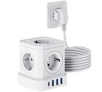 VOOMY Multiprise 5M avec Prise USB, 1 Multiprise USB C (20W), 3 USB-A et 5 CA 4000W/16A, Rallonge Electrique 5 mètres, Multiprise avec Interrupteur et Protection surtensions, Prise Multiple USB Blanc