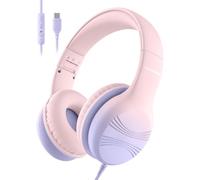 Voopwink Casque filaire USB de type C pour enfants avec microphone limite de volume 85/94 dB, son stéréo, casque supra-auriculaire portable pour école, voyage, tablette, iPad, rose dégradé