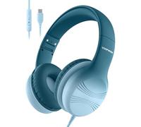 Voopwink Casque filaire USB de type C pour enfants avec microphone limite de volume 85/94 dB, son stéréo, casque supra-auriculaire portable pour école, voyage, tablette, iPad, vert dégradé