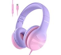 Voopwink Casque filaire USB de type C pour enfants avec microphone limite de volume 85/94 dB, son stéréo, casque supra-auriculaire portable pour école, voyage, tablette, iPad, rose violet