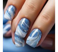 Vopintpy Faux ongles carrés courts à presser avec motif brillant - Couverture complète - Réutilisables - Pour femme - Bleu et blanc dégradé