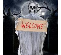 VOPIWOZ 150cm Suspendu Squelette Déco Halloween avec Le « Welcome » dans la Main Spooky Scary Skeletons Convient pour Halloween Décoration extérieure Facile à créer Une atmosphère effrayante