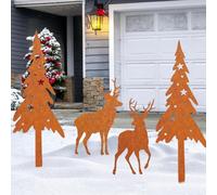 VOPIWOZ Décoration Rouille Noël - 4 Clous de Jardin, Fiches Rouille, Déco Cerf Et Sapin en Métal pour Jardin