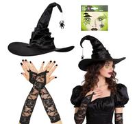 VOPIWOZ Ensemble D'Accessoires de Sorcière Pour Femmes, Chapeaux de SorcièRe Avec Pendentif Chauve-Souris, Tatouage Araignée Sur le Visage et Gants en Dentelle Noirs, pour Halloween, Carnaval