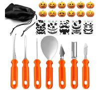 VOPIWOZ Kit Sculpture Citrouille d'halloween avec ModèLes Contient 7 Couteaux De Sculpture de Citrouille et 12 Autocollants de Gabarit, Pumpkin Carving Kit Convient Aux Enfants et Aux Adultes