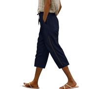 Voqeen Pantalon Lin Femme Pantacourt Été Taille Élastique Et Cordon De Serrage Pantalon Corsaire Léger avec Poches Short Lin Décontracté Pantalon 3/4 Creux pour Femmes