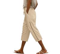 Voqeen Pantalon Lin Femme Pantacourt Été Taille Élastique Et Cordon De Serrage Pantalon Corsaire Léger avec Poches Short Lin Décontracté Pantalon 3/4 Creux pour Femmes