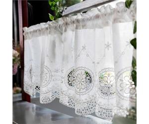 Vordesack Rideau brise-bise avec broderie en coton fleurs et bordure en dentelle style maison de campagne rideau bistro avec tringle 1 pièce Blanc HxL 70 x 200 cm