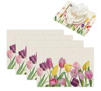 Vordpe Lot de 4 sets de table - Motif tulipe rose - Lavables - Décoration de table florale - 45 x 30 cm - Aspect lin - Pour table à manger, fête, mariage - Tulipe B