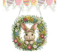 Vordpe Peinture diamant 5D avec pendentif en forme de lapin de Pâques, kit d'art en cristal avec chaîne, peinture diamant à suspendre, décoration de fenêtre, images de fenêtre pour porte