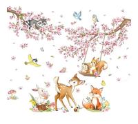 Vordpe Tatouage Mural Fleur De Cerisier, Autocollant Mural Fleurs Roses, Autocollant Animaux De La ForêT Renard Cerf, DéCoration Oiseaux Pour Salon Chambre