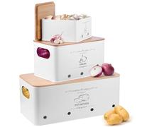 VORHOT Boite Pomme de Terre, Lot de 3 Rangement Oignons Ail Pomme de Terre, Conservation Pomme de Terre avec Couvercle en Bambou, Blanc