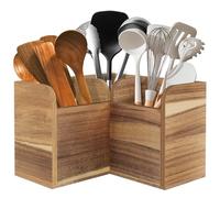 Vorisebo Porte-ustensiles de cuisine en bois d'acacia pour comptoir, support d'angle en bois avec 3 compartiments, panier à ustensiles de ferme pour le rangement de la cuisine et de l'argenterie