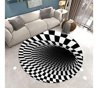 Vortex Illusion Tapis Rond Effet Piège 3D Trou Sans Fond Rug Géométrique Treillis Grille Noir Blanc Art Abstrait Salon Chambre Tapis De Sol De Chaise Antidérapant Lavable (Motif 1,60 cm)