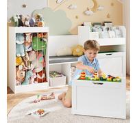 VortinT Coin de lecture pour enfants, boîte de rangement de jouets avec plaque de base de construction amovible et couvercle de jeu pour Lego, bibliothèque en bois avec rangement d'animaux en peluche