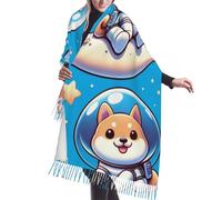 Vortithora 190 x 68,6 cm Astronaut-Shiba-in-Space Châle d'hiver chaud pour femme avec franges à pompons, écharpe confortable imprimée sur un seul côté pour temps froid