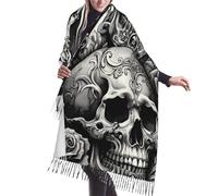 Vortithora 190 x 68 cm baroque, crâne, rayures, châle d'hiver chaud pour femme avec franges à pompons, écharpe confortable imprimée sur un seul côté pour temps froid