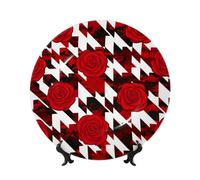 Vortithora Assiette décorative avec support, motif pied-de-poule rouge et rose rouge, 25,4 cm