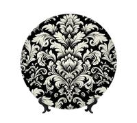 Vortithora Assiette décorative damassée noire et blanche de 25,4 cm avec support, élégante assiette murale pour décoration d'intérieur