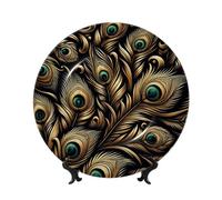 Vortithora Assiette décorative dorée et noire avec support - Motif plumes de paon - 25,4 cm - Élégante plaque murale pour décoration d'intérieur