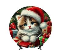 Vortithora Assiette décorative en forme de chat avec support - Chapeau de Père Noël - 25,4 cm - Élégante plaque murale pour décoration d'intérieur