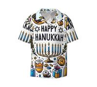Vortithora Happy-Hanukkah-Wreath-Candles Chemise boutonnée à manches courtes et col cubain pour homme pour la plage, les vacances, Noir , XL