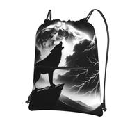 Vortithora Outdoor Wolf-Howling-Thunderstorm-Power Sac à dos décontracté avec cordon de serrage et poche zippée, sac de sport à cordon de serrage pour salle de sport et usage quotidien