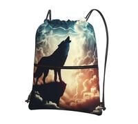 Vortithora Outdoor Wolf-Howling-Thunderstorm Sac à dos décontracté avec cordon de serrage et poche zippée, sac de sport à cordon de serrage pour salle de sport et usage quotidien
