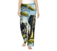 Vortithora Pantalon de pyjama en polaire pour femme, motif éléphants en Afrique, pantalon confortable en flanelle avec cordon de serrage élastique à la taille, Noir , 4XL