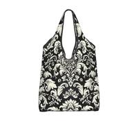 Vortithora Sac à provisions pliable damassé - Noir et blanc - Réutilisable - Sac de courses imperméable