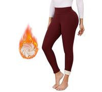 Vorvowry Leggings doublés en polaire pour femmes - Taille haute élastique chaude et épaisse - Leggings thermiques d’hiver avec contrôle du ventre pour femmes, rouge vin, M