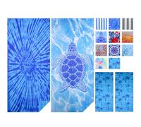 Vorvowry Serviette de Plage Homme Femme XXL Grande Microfibre Léger et Doux Anti Sable Séchage Rapide Drap de Plage avec Sac en Filet 80×180cm Tie Dye Bleu + Une Tortue 2PC